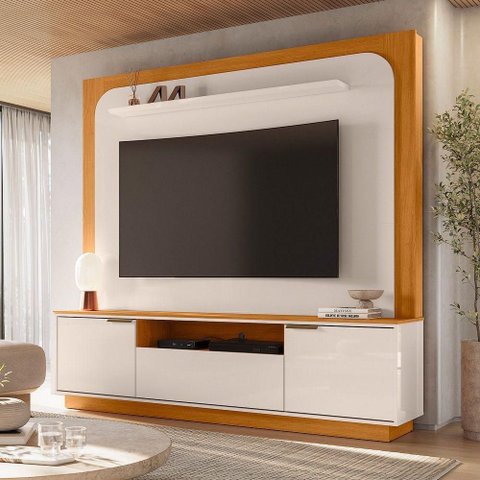 Home Theater Nilo para TV 75" 200cm MDP com Cantos Arredondados Cinamomo e Off White Pallazio