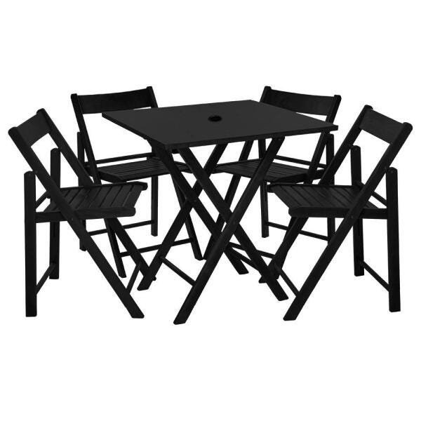 Conjunto de Mesa de Madeira com 4 Cadeiras Dobráveis Preto Com Furo Para Ombrelone UneClassic
