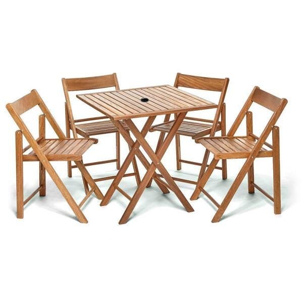 Conjunto de Mesa de Madeira com 4 Cadeiras Dobráveis Castanho Com Furo Para Ombrelone UneFlexo