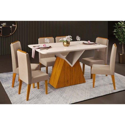 Sala de Jantar Completa Argo C/ Tampo Madeirado C/ Vidro Curvo 136x90cm e 6 Cadeiras Lia Freijo/off