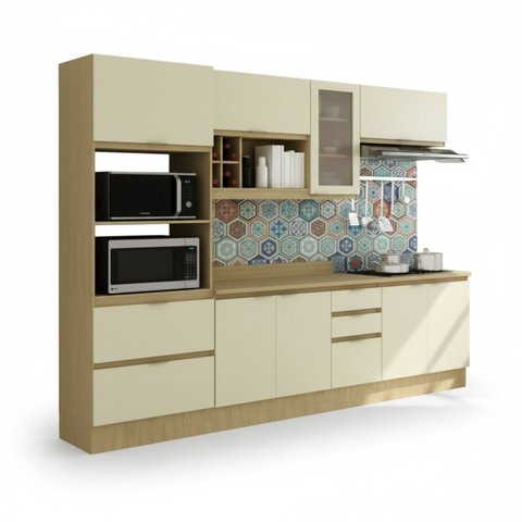 Armário de Cozinha Moderna 2,70m 8 Peças com Rodapé New York Móvel na Caixa