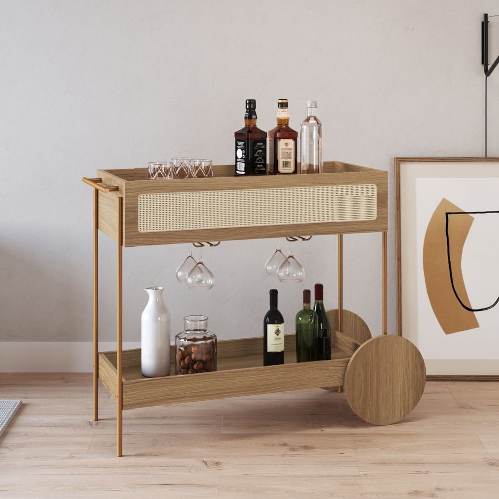 Carrinho Bar 1 Gaveta 110cm C/ Porta Taças Palhinha Pé Metal Oslo Artesano | Hanover/dourado