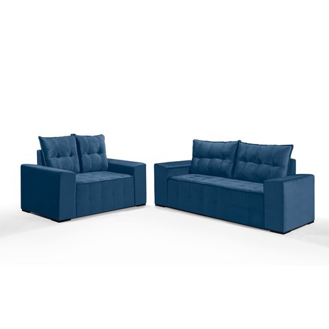 Conjunto Sofá de Veludo 3 e 2 Lugares Estilo Estofados Las Vegas 2,00x1,50m "azul"