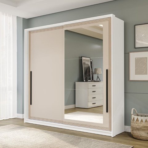 Guarda Roupa Roupeiro 2 Portas 2 Gavetas com Espelho Valência Branco Creme Politorno Móveis