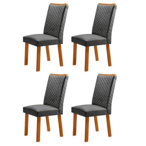 Conjunto 4 Cadeiras Lira em MDF Estofado em Linho Grafite Naturalle para Sala de Jantar Moderna