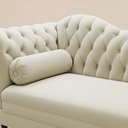 Ver imagem 5 de Divã Recamier Chaise Longue Lavínia 150cm Capitonê Pés de Madeira Suede Bege Claro - Abmaza