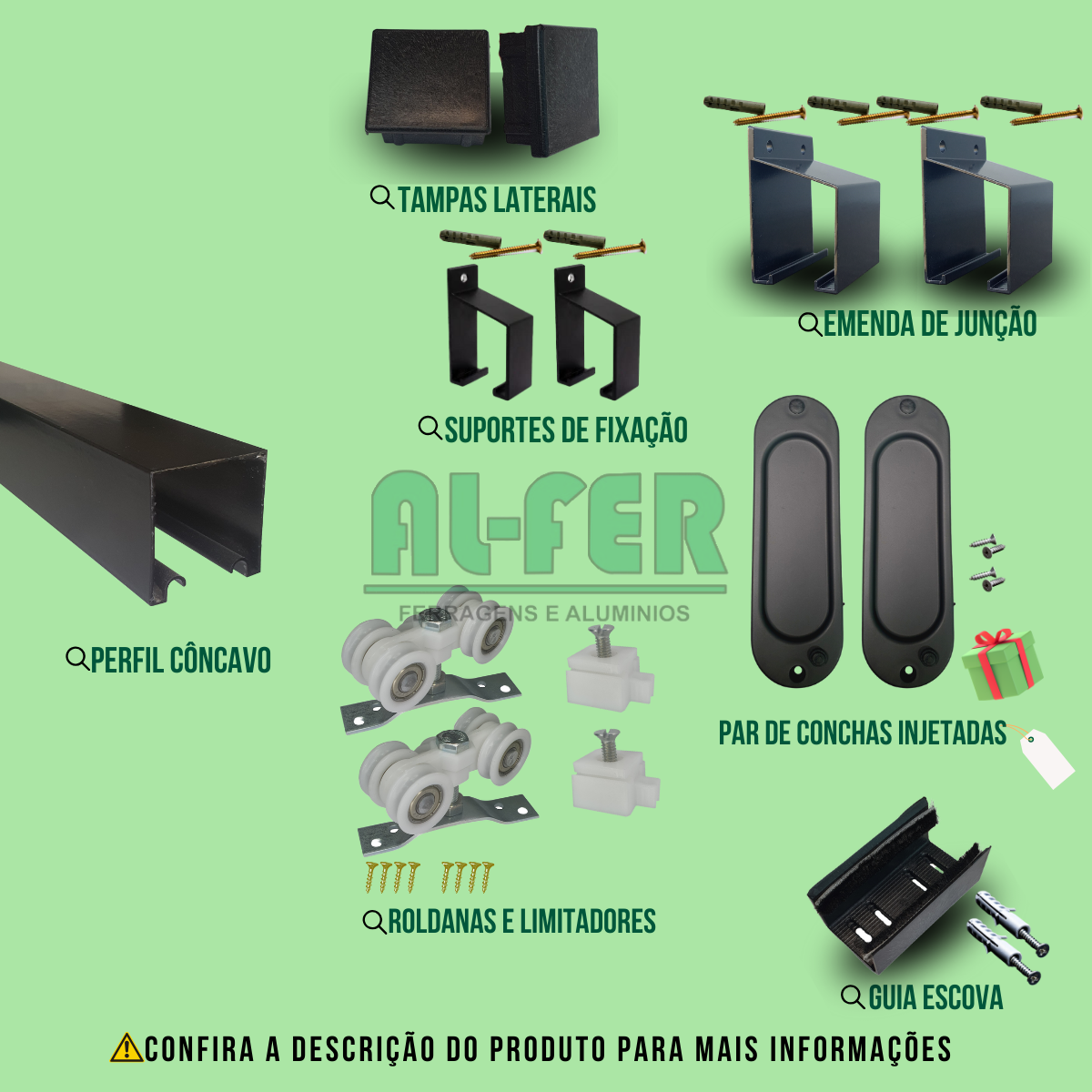 Kit Prático para Porta de Correr 90cm Trilho Divido Preto - 1,80m + 1 Par de Concha - 3