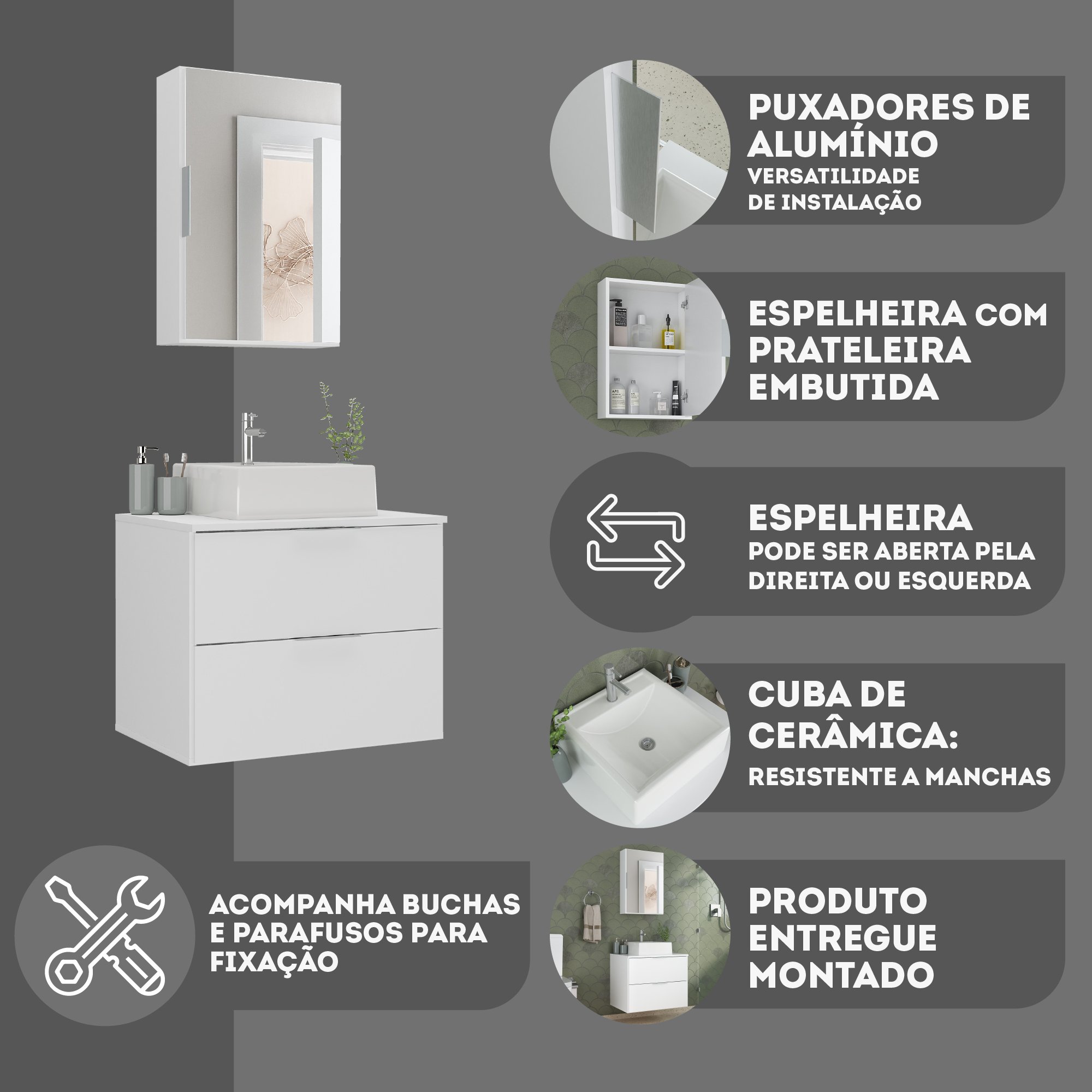 Conjunto Gabinete Banheiro Rubi 60cm - Gabinete + Cuba + Espelheira - Branco Inteiro - 5