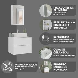Conjunto Gabinete Banheiro Rubi 60cm - Gabinete + Cuba + Espelheira - Branco Inteiro - 6