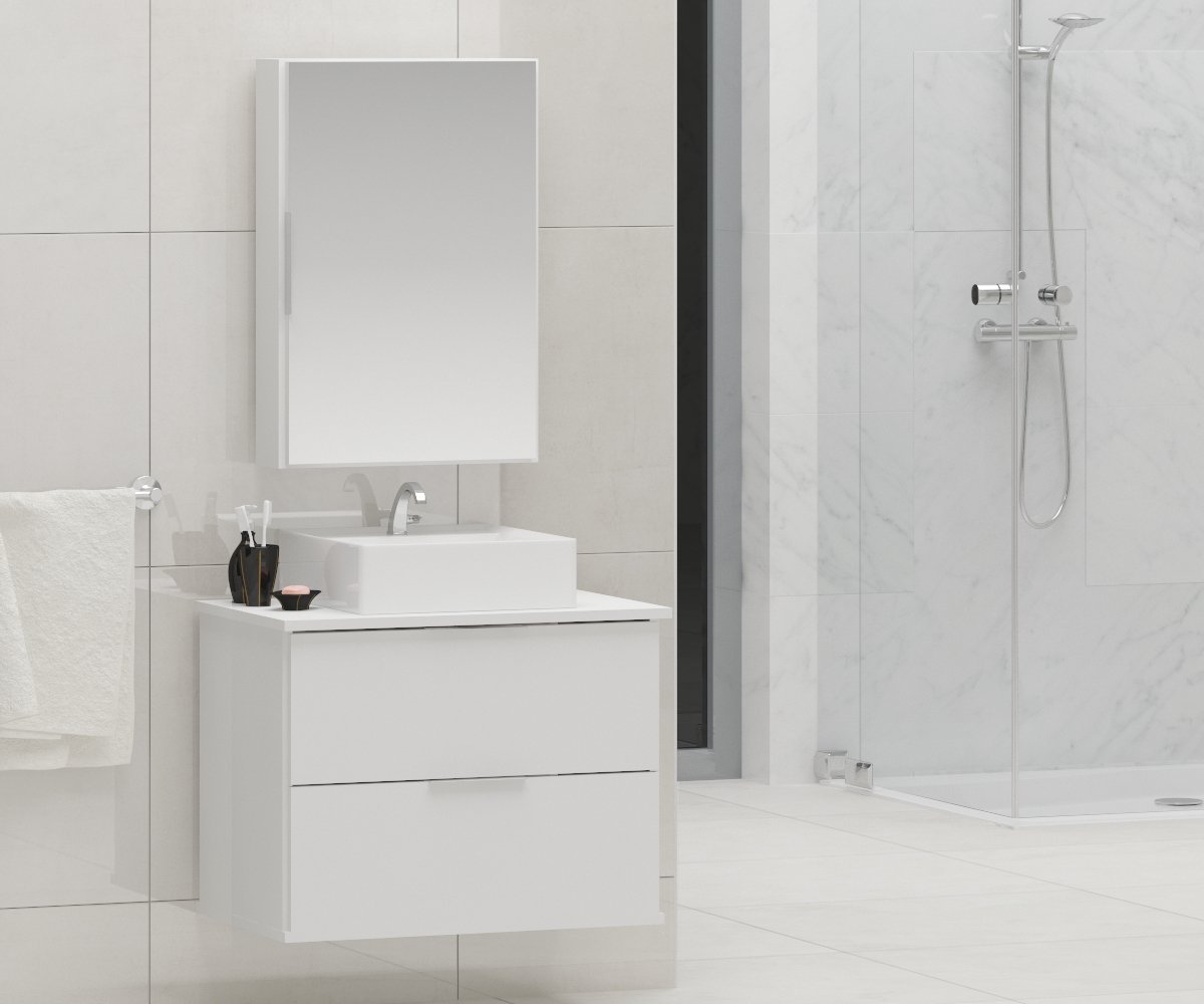Conjunto Gabinete Banheiro RUBI 60cm - Gabinete + Cuba + Espelheira - Branco Inteiro