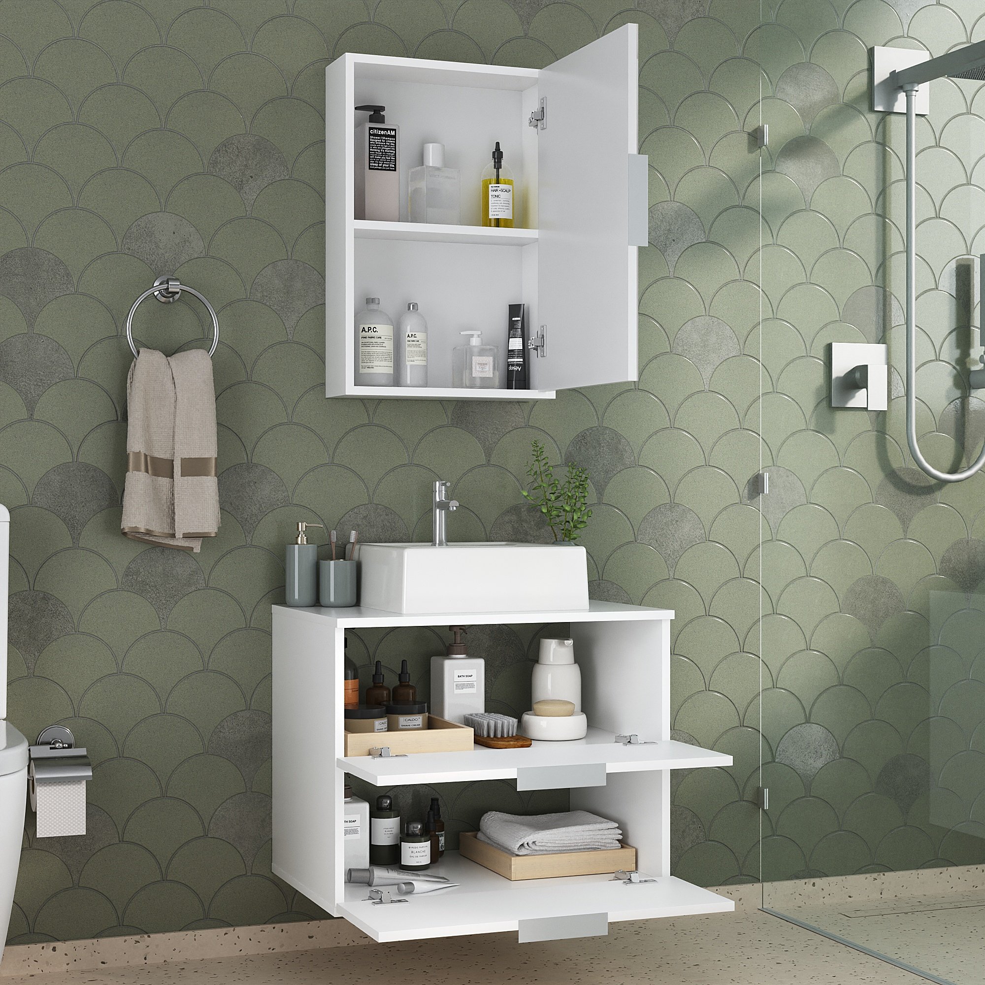 Conjunto Gabinete Banheiro Rubi 60cm - Gabinete + Cuba + Espelheira - Branco Inteiro - 2
