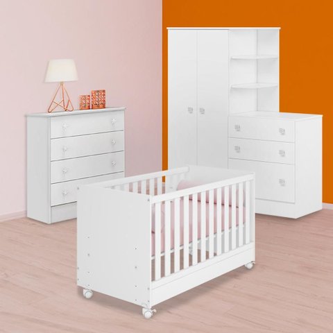 Conjunto Berço Mini Cama, Guarda Roupa C/ Cômoda e Cômoda Branco