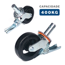 Ver imagem 2 de Kit 4 Rodízios Giratórios Roda Metálica Borracha Andaime 6" Trava Freio 1600 Kg Reforçado Preto