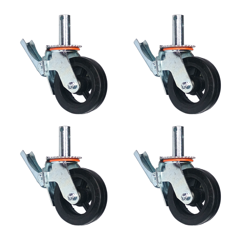 Kit 4 Rodízios Giratórios Roda Metálica Borracha Andaime 6" Trava Freio 1600 Kg Reforçado Preto