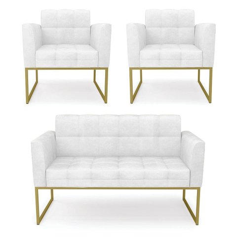 Kit 1 Sofá Namoradeira e 2 Poltronas Elisa Corano Branco Base Metálica Industrial Dourado - D'