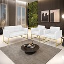 Ver imagem 5 de Kit 1 Sofá Namoradeira e 2 Poltronas Elisa Corano Branco Base Metálica Industrial Dourado - D'