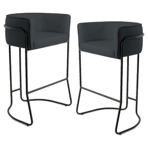 2 Banquetas Base Aço Preto Betina C-465 Linho Chumbo Domi