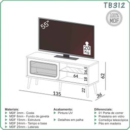 Rack para Tv até 55" 135cm com 01 Porta de Correr 100% Mdf Tb312 Dalla Costa-freijó - 3