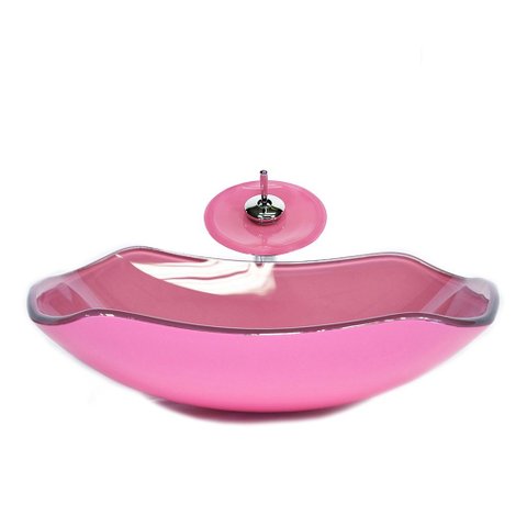 CUBA DE VIDRO ABAULADA 45CM ROSA + VALVULA + TORNEIRA CASCATA
