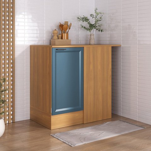 Balcão Canto Reto com Tampo Soho CabeCasa MadeiraOriginals Freijó/Azul