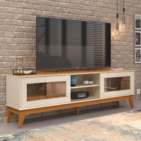 Rack Tv 65 Polegadas com 2 Portas de Vidro Reflecta Lince - Off White e Cedro
