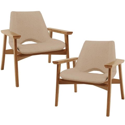 Kit 02 Poltronas Decorativa Living Base Madeira Becker L02 Linho Bege Escuro