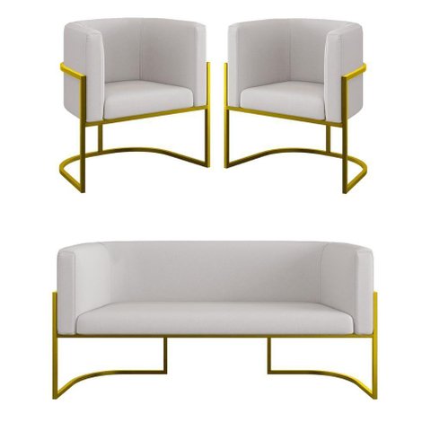 Kit 2 Poltronas + Sofá 2 Lugares Base de Metal Gold Veludo Bege