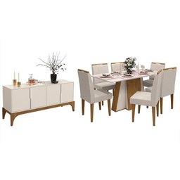 Sala de Jantar Amalfi com Buffet, Mesa de Jantar Canela/Off White e 6 Cadeiras Creta Canela/Champagn - 1