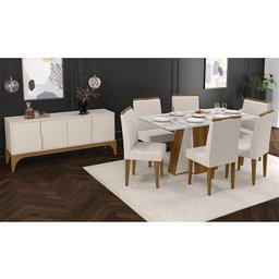 Sala de Jantar Amalfi com Buffet, Mesa de Jantar Canela/Off White e 6 Cadeiras Creta Canela/Champagn - 2