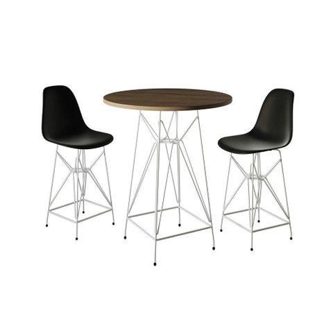 Jogo Mesa Bistrô Eames Tampo Amêndoa 60Cm 2 Banquetas Preta Base Ferro Branco - Cor: Amendoa
