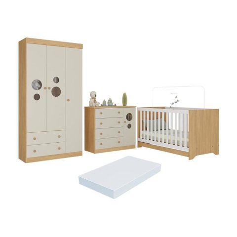 Quarto de Bebê Completo Berço Americano 3x1 Colchão Pirulito Multimóveis Mp4637 Madeirado/off
