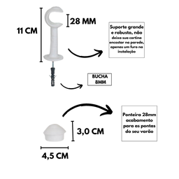 Kit Varão para Cortina 2,50 Metros 28mm Branco - 2