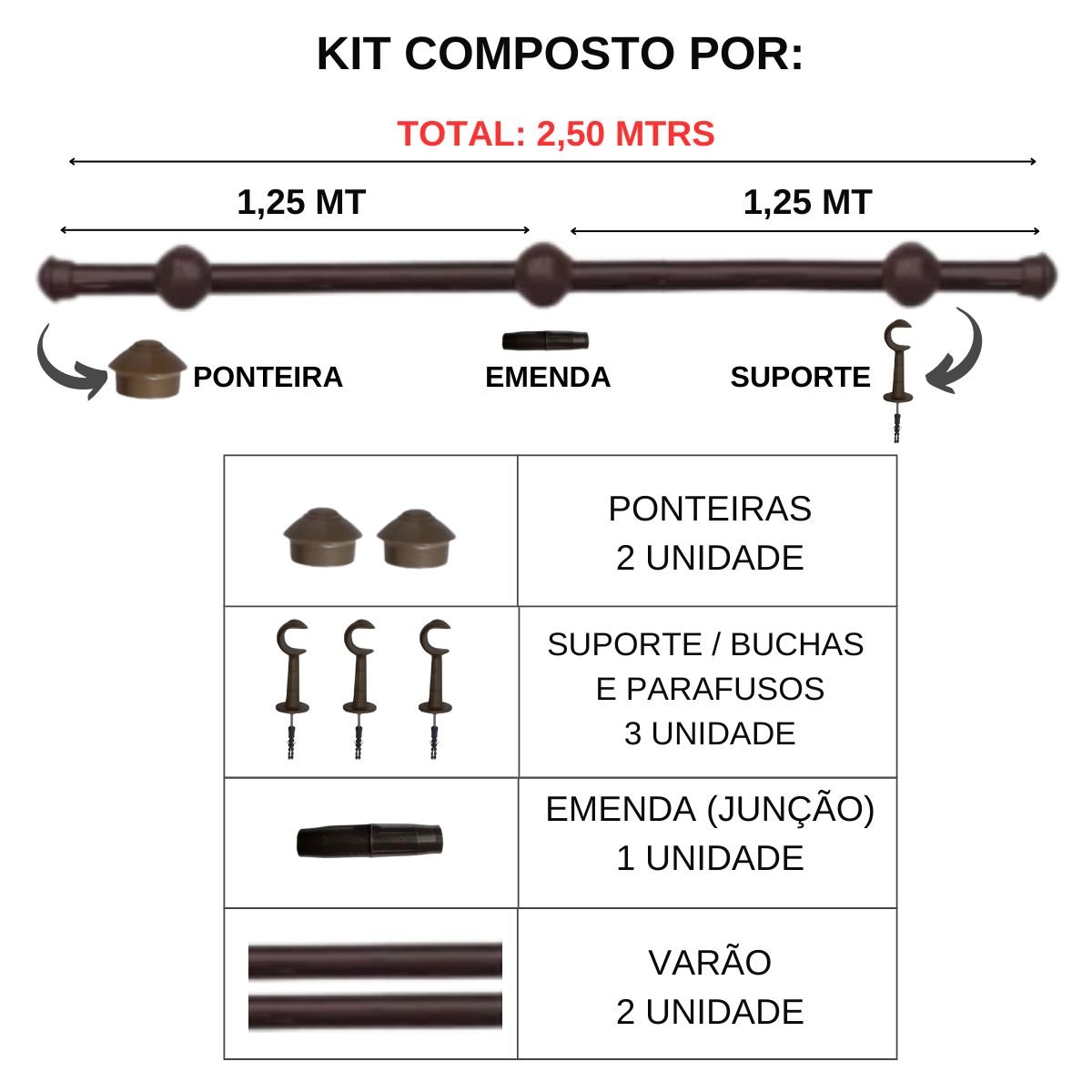 Kit Varão para Cortina 2,50 Metros 28mm Tabaco - 3