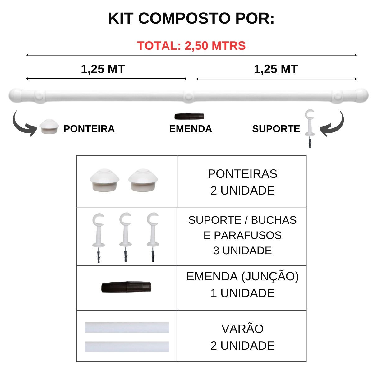 Kit Varão para Cortina 2,50 Metros 28mm Ouro Velho - 3