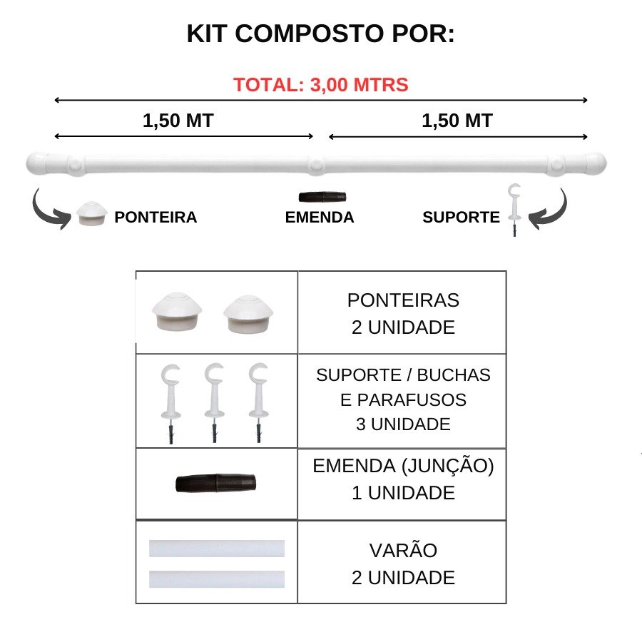 Kit Varão para Cortina 3,0 Metros 28mm Prata - 3