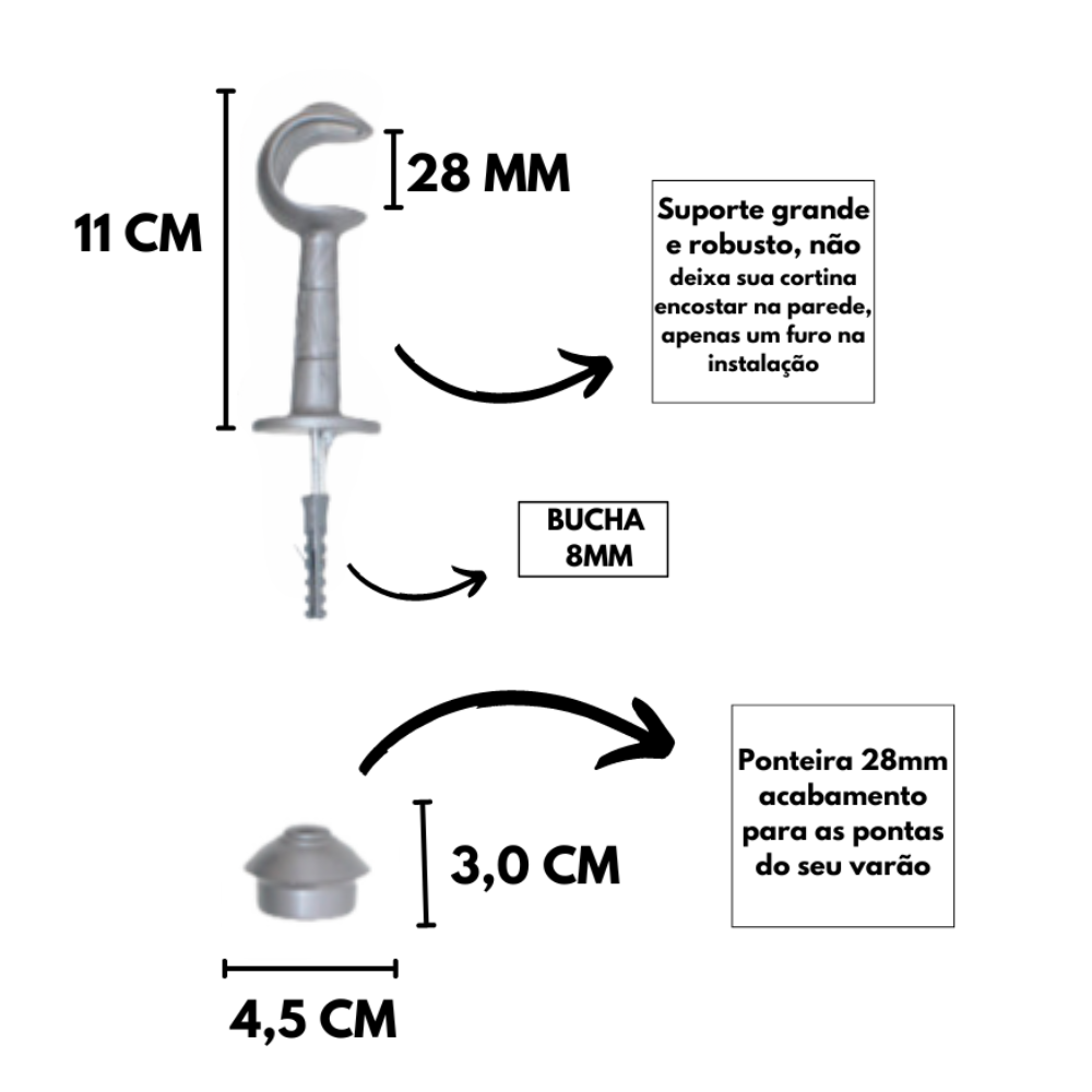 Kit Varão para Cortina 3,0 Metros 28mm Prata - 2