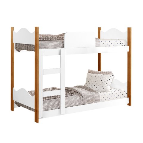 Cama Infantil Beliche Montessori Encanto Moderna com Grade de Proteção e Escada Cor Branco