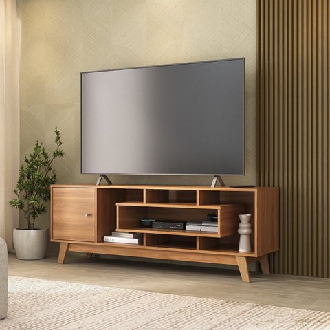 Rack para TV até 55 Polegadas 151,7cm Pés em Madeira Maciça 1 Porta com Nicho Yescasa