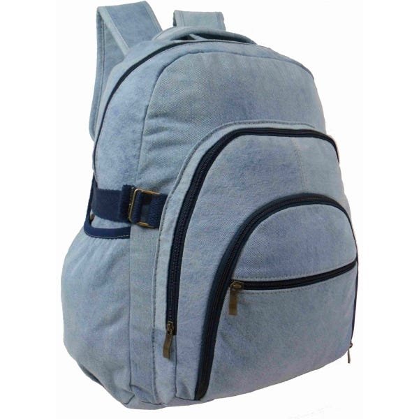 Mochila Bolsa Em Jeans Reforçado Escola Trabalho Viagem Passeio Unissex - Azul claro - Liso - 1