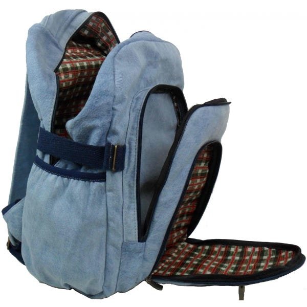 Mochila Bolsa Em Jeans Reforçado Escola Trabalho Viagem Passeio Unissex - Azul claro - Liso - 5