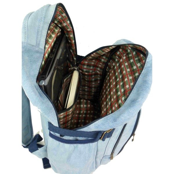 Mochila Bolsa Em Jeans Reforçado Escola Trabalho Viagem Passeio Unissex - Azul claro - Liso - 4