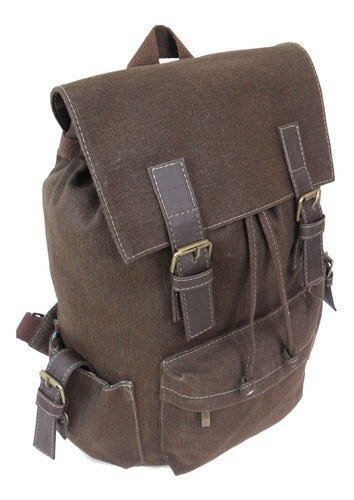 Mochila Bolsa Em Lona Vintage Resistente Masculina Feminina - Marrom - Liso - 2