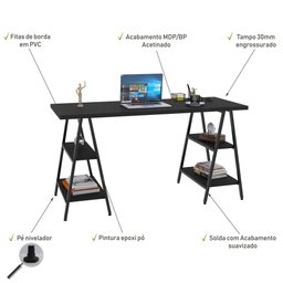 Mesa Escrivaninha Cavalete 150cm Estilo Industrial Prisma C08 Preto Ônix/Preto - Mpozenato - 3