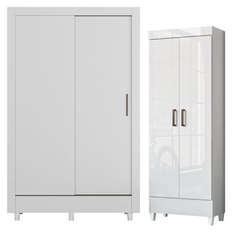 Guarda Roupa Casal Bélgica 2 Portas de Correr 2 Gavetas MDP Branco Brilho com Armário Multiuso Fit