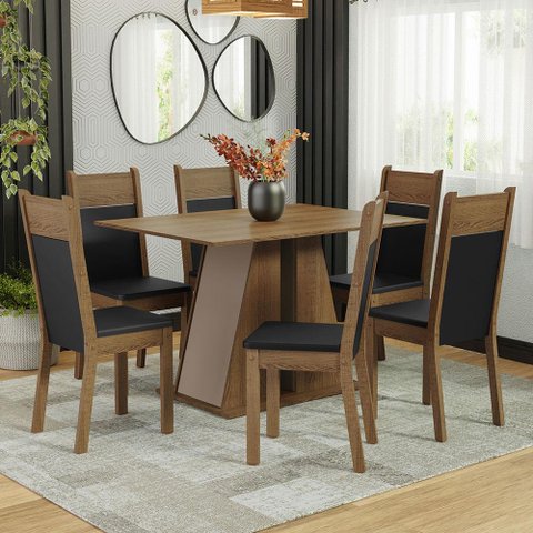 Conjunto Sala de Jantar Mesa Tampo de Madeira 6 Cadeiras Rustic/crema/preto Beverly Madesa