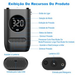Bomba de Ar Elétrica Mini Compressor Digital Portátil para Pneus de Carro Moto Bicicleta e Bola - 3
