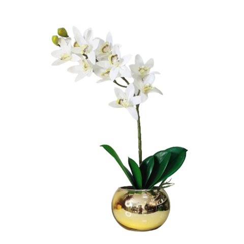Arranjo No Vaso Dourado Flores Artificiais Orquídeas 3D