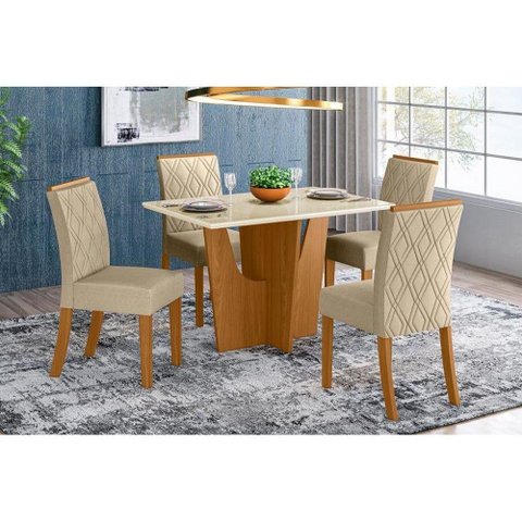 Conjunto: Mesa Sala Jantar Vértice C/ Tampo Madeirado C/ Vidro 120cm + 4 Cadeiras Vita Nature/
