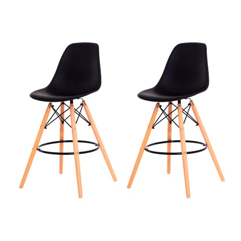 Kit com 2 Banquetas Eames Preta - Base Madeira Natural