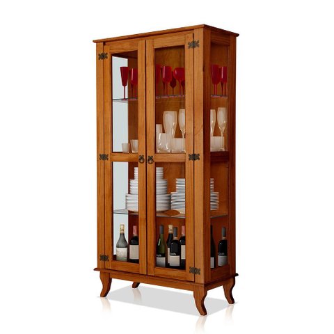 Cristaleira 2 Portas de Vidro com 4 Prateleiras Bella Luna Madeira Maciça Vintage Retrô Castanho